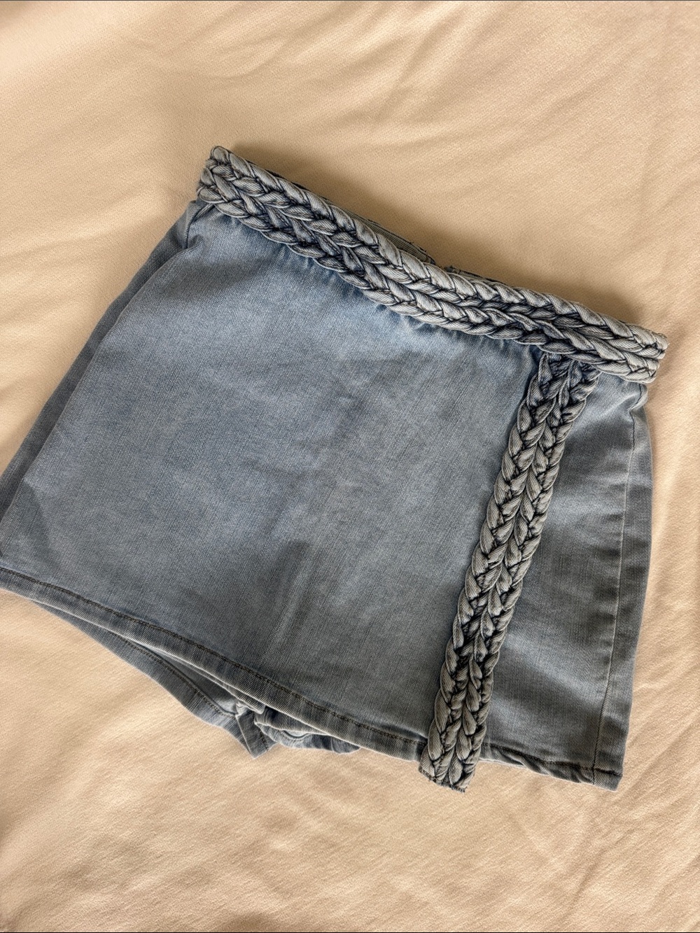 Pink Lily Light Blue Denim Mini Skort with Braided Waist Tie